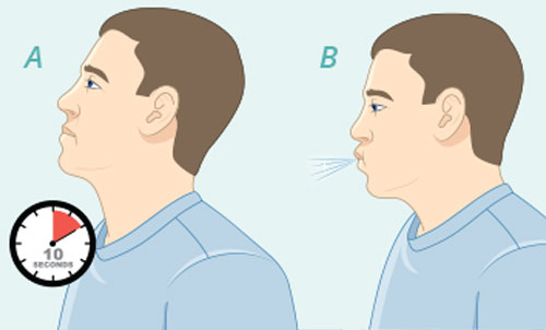 Split shot illustration of someone holding their breath with a 10 second clock on the left/someone exhaling on the right Hold your breath for up to 10 seconds, then breathe normally